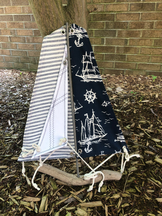 Navy Blue Fabric Driftwood Sailboat